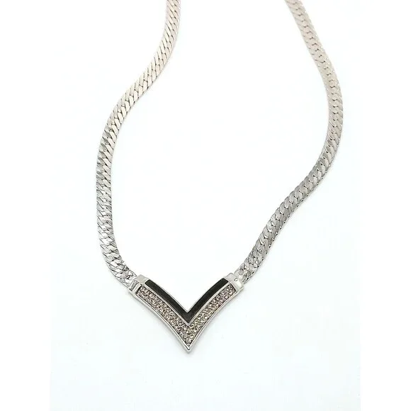 Christian Dior Silver tone Choker Necklace Crystals black enamel V 15-17” - Picture 1 of 6